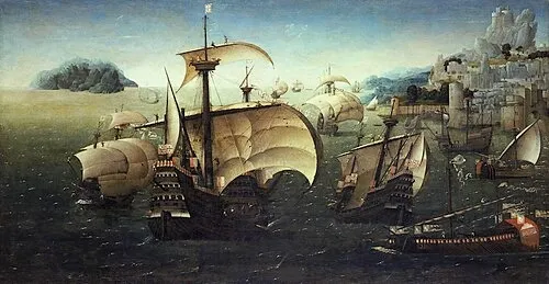 Portuguese Carracks off a Rocky Coast